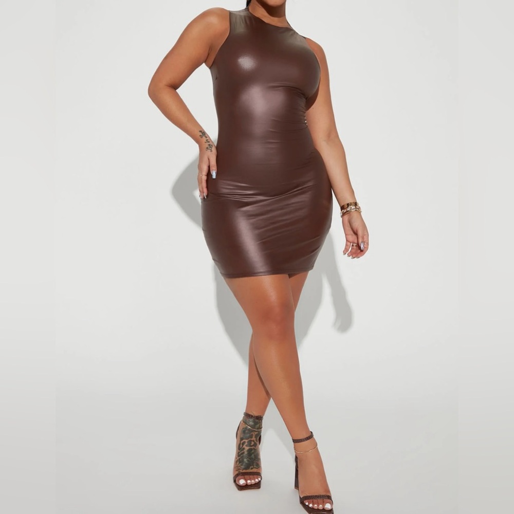 Fashion Nova Anaya mini dress / brown bodycon faux leather mini dress / size L